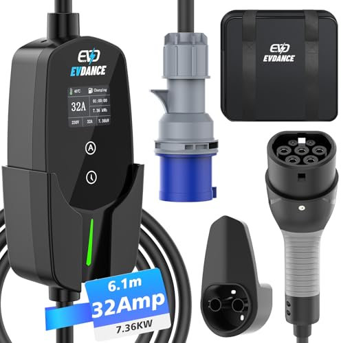 EVDANCE Typ 2 Ladekabel mit CEE Stecker [7.36kW, 1 Phase, 6.1m, 10A-32A] IP66 Wasserdicht, Tragbares EV-Ladekabel und Mobile Wallbox Ladestation für Elektroauto & Hybrid(PHEV/EV)