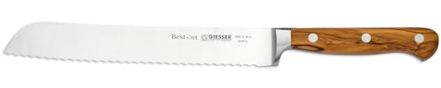 Giesser Brotmesser - Grifffarbe braun - mit geschmiedeter 20 cm Wellenschliffklinge & 3-fach genietetem Holzgriff - für Schneidgut mit harter Schale & Kruste