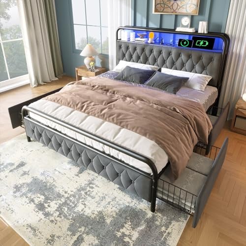 Merax Polsterbett Metallbett 140x200cm mit 4 Schubladen, LED-Beleuchtung, Ladefunktion, Lagerregal, Doppelbett Bettgestell, Stabil Metallrahmen, Stauraumbetten, Jugendbett, Samt, ohne Matratze, Grau