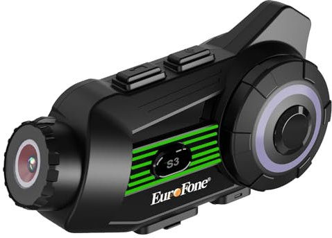 EuroFone S3 Motorrad Intercom Headset mit Kamera,2-Wege 1000M Gegensprechanlage,Motorrad Kommunikationssystem,2K Video,Siri/kompatibel mit Anderen Marken/2 in 1 Mic(1Pack)