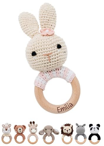 Bärenfreunde® - Personalisierter Beißring Baby - Niedlicher Greifling für Baby's ab 0 Monate - Babyrassel mit Name als Baby Geschenk für Mädchen und Jungen (Hase gestreift rosa,ohne Name)