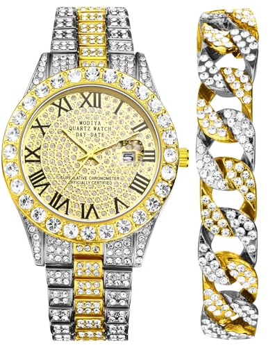 OIDEA Herren Armbanduhr Set Diamond: 2pcs Analog Quarz Herrenuhr mit Römischer Zifferblatt Kalender & Panzerkette Armkette mit Strass Punk Rock Hip Pop Geschenk für Männer Silber Gold