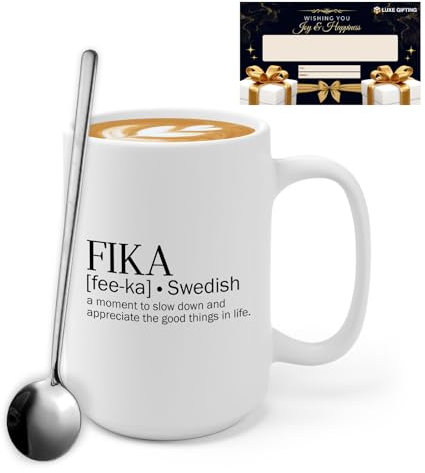 Schwedische Fika-Tasse, 425 ml, schwedische Kaffeepause, ein Moment zum Verlangsamen und Wertschätzen der guten Dinge im Leben, Wertschätzungsgeschenk für Männer und Frauen, Weiß