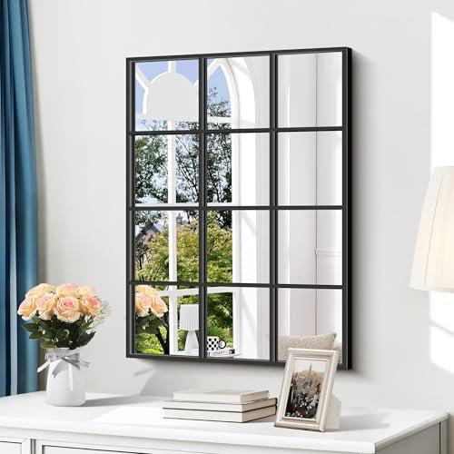 NIMURY Espejo rectangular para ventana, 20 x 28 pulgadas, marco de metal, color negro, para dormitorio, sala de estar, chimenea, entrada, colgar o apoyar contra la pared