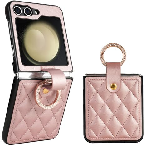 GUVAGI Handyhülle für Samsung Galaxy Z Flip 5/Z Flip 6 Hülle mit Band Slim Case, Leder Klappbar Klapphülle Silikonhülle Schutzhülle Aesthetic Mädchen Handy Hülle mit Glitzer Ring (Rosa)