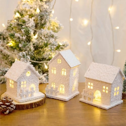 MeYuxg Mini Weihnachtshaus Beleuchtet Weiß Weihnachtsdeko, 3 Stück LED Weihnachtsdorf Lichterhäuser Lichterhaus Holz, Teelichthaus Klein Fensterbank Winter Innen Deko Weihnachten