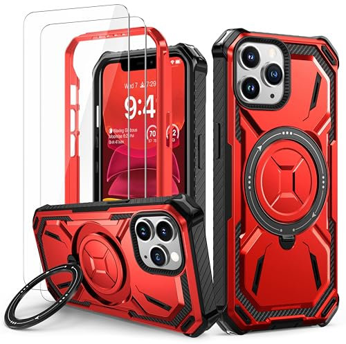 Lanhiem für iPhone 11 Pro Max Hülle mit 2 Stück Schutzfolie, 360° Ring Ständer Schutzhülle, Militärischer Stoßfest Handyhülle für iPhone 11 Pro Max Case, Rot