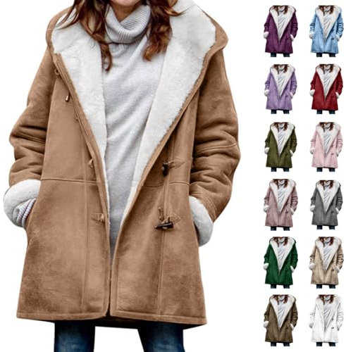 Chdirnely Winter Coats for Women UK Sherpa Fleece Jackets with Hood Casual Thicken Outwear Jacket Faux Fur Long Coat Fleece Lined Warm Overcoat with Pockets