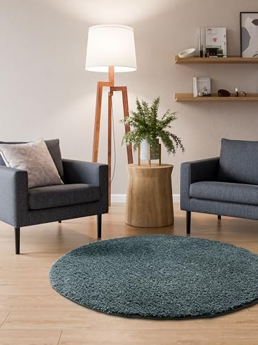 Interiyou Hochflor Teppich Sofia - 80x80 cm Rund Blau - flauschig und einfarbig - waschbar und rutschfest - weicher Langflor
