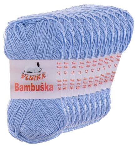 10 x 50g Häkelgarn Bambuska Sommergarn Strickgarn Baumwolle Viskose unifarben, Farbwahl, Farbe:12 hellblau