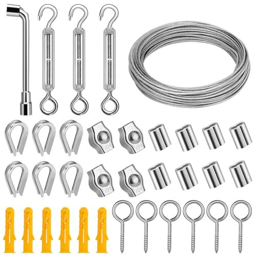 Wire Rope Kit, 35m Stainless Steel Wire Rope Cable, M4 Turnbuckles Wire Tensioner Kit, 2mm PVC Coated Garden Wire for Climbing Plant, Picture, Securing Shade, Grapevines Trellis, Tent Rope(COLOR:20m)