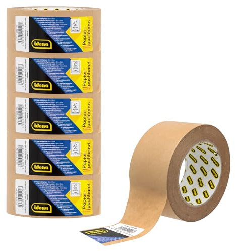 Idena 90268 - Ruban d'emballage papier, brun, 5 cm x 50 m extra fort, 6 rouleaux de ruban adhésif en papier recyclé, ruban d'emballage durable