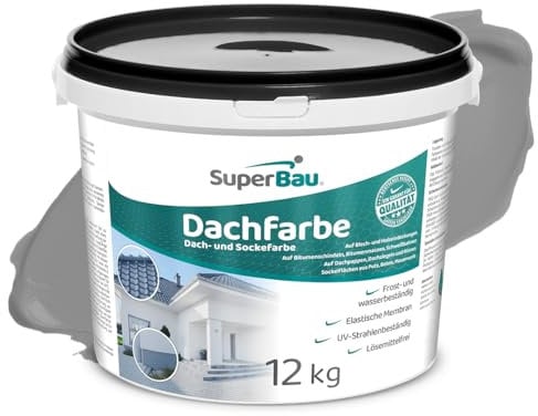 SuperBau Dachfarbe Grau (12 kg ca.30m²) Sockelfarbe WASSERDICHT, Fassadenfarbe für Außen, Dachbeschichtung für Blechdach, Bitumen, Dachpappe, Schindeln, Putz