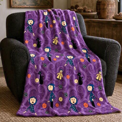 Franco Collectibles Coraline Bettwäsche mit Knopfaugen, superweich, gemütlich, Plüsch-Überwurf, 116,8 x 152,4 cm, offizielles Lizenzprodukt