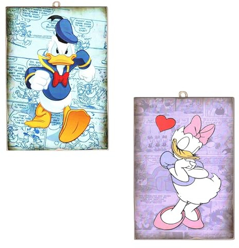 Disney 2 Quadretti Paperino & Paperina (Donald e Daisy Duck) Stile Vintage Stampa su Legno 25x18cm
