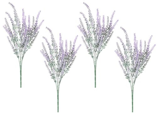 Bruislard 4 Pcs Artificial Lavender Purple Plastic Lavender Bundle Fake Plants Flocked Fake Lilac Flower for Wedding Home Office Garden Kitchen Table Centerpieces Decor(Purple)