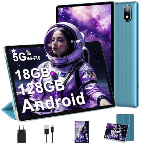 DMOAO Tablet 10 Pulgadas Android 14 con 5G Wi-Fi 6, HD Tablet con 18GB RAM + 128GB ROM (TF 1TB), Widevine L1, 8 Cores 2.0 GHz, Bluetooth 5.0, 1280 * 800 IPS, USB-C, 6000 mAh, Azul