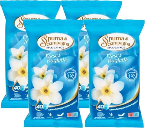 Foglietti Umidi Per Asciugatrice, Profumazione FRESCA RUGIADA Per Un Profumo Più Intenso. Azione Ammorbidente (Confezione Da 40 Foglietti) (x4)