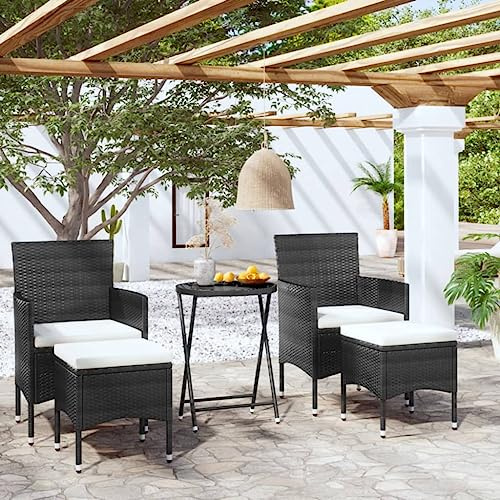 Holamys 5-teiliges Garten-Bistro-Set, Poly Rattan, Hartglas Schwarz, Outdoor Möbel Sitzgruppe mit Stühlen und Hocker, wetterfest, langlebig, für Terrasse, Balkon, Garten Esstischgruppe
