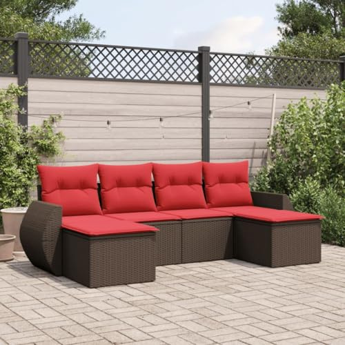 kithwjll 6-teiliges Gartensofa-Set, braun, Polyrattan, UV-beständig, mit roten Kissen, modular, für Garten, Terrasse