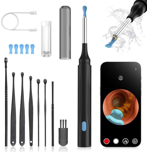 miluna pro plus intelligenter ohrenreiniger – Ohrenreiniger mit Kamera,1080P HD IP6X Ohrenreiniger mit LED-Beleuchtung, IP67 wasserdicht, ideal für Familien und Reisen (Schwarz)