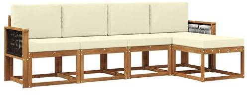 vidaXL Outdoor-Sofagarnitur 5 pcs Natur und Creme Polyester, Garten Sofa Set, Moderne Möbel für draußen, Robustes Sitzen für Terrasse, Garten und Balkon, schicker Akazien Lounge