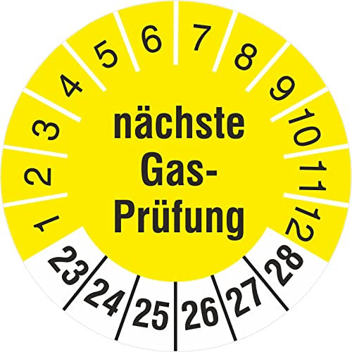 10 Stück Nächste Gasprüfung 30mm Prüfetikett Prüfplaketten Rollenware gelb 2023-28