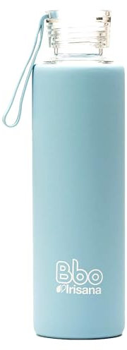 Irisana - Botella de Agua - 550 ml - Azul - 7 x 7 x 25 cm - Garrafa Deportiva de Cristal Ideal para Gimnasio - Borosilicato y Silicona - Colección Bbo
