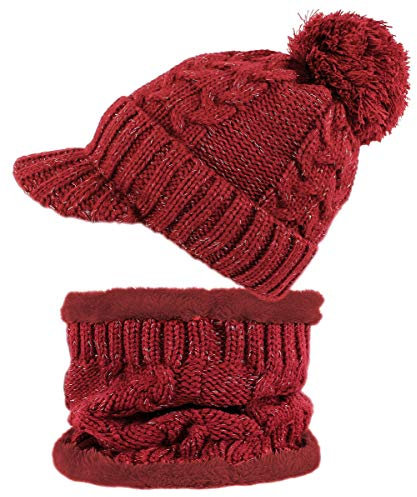 dy_mode Damen Mütze und Schal Kombi Set Schirmmütze Bommel mit Innenfutter - A305 (A305-Rot/Weinrot)