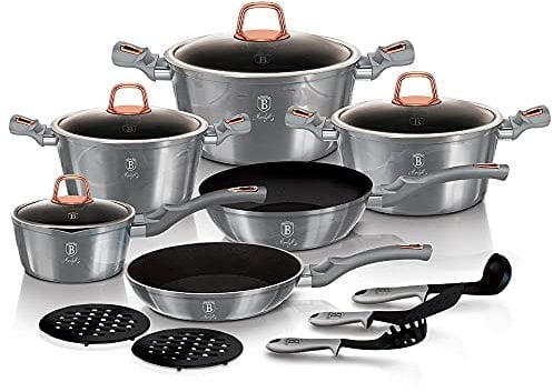 Berlinger Haus 15 pcs Cookware Set, Moonlight Edition BH/6022 Gray, Aluminium mit Titan-Antihaftbeschichtung