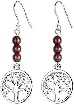J.Endéar Arbre de Vie Boucles D'oreilles, Boucles D'oreilles en Argent avec Grenat Rouge, Boucles D'oreilles Pendantes pour Femme, Coffret Cadeau de Marque