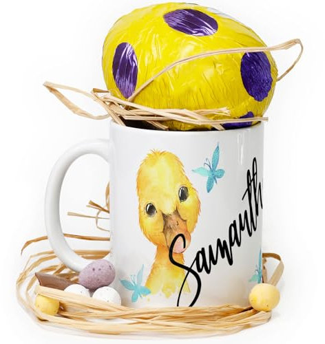 Personalised Mug and Belgian Milk Chocolate/Hot Chocolate Stirrer Marshmallow Gift Set, Custom Name (11oz) White, Yellow, Blue, Black, Pink Mug with Name on Yellow Duckling & Blue Butterfly Design