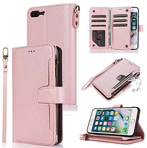 QLTYPRI - Custodia a portafoglio in pelle per iPhone, Oro rosa, iPhone 7 Plus/8 Plus
