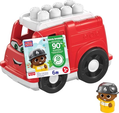 Mega Bloks-Bausteine Bausteinset für Kleinkinder, Freddy das lustige Feuerwehrauto mit 6 Teilen und Aufbewahrung, 1 Figur, rot, ab 1 Jahr, GXX08