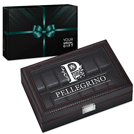 Maverton Cofanetto Porta Orologi con 12 scomparti - Custodia orologi in similpelle nera effetto fibra di carbonio - Coperchio in vetro - incisione personalizzata - regalo uomo - Cognome