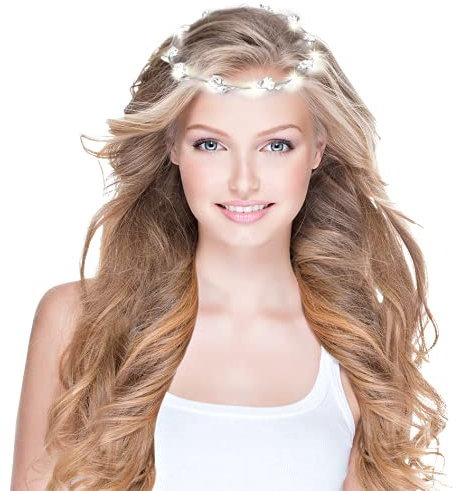 LED Blumenkranz Silvester Haarschmuck Blumen Stirnband Kranz Haarband Damen Blumendekor Kopfschmuck für Hochzeit Party Leucht (Weiß 3x)