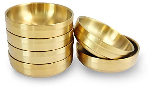 Lot de 6 mini plateaux ronds à double plateau en acier inoxydable pour sauce à sushis, apéritifs, plats à condiments pour restaurant et maison (6 dorés)