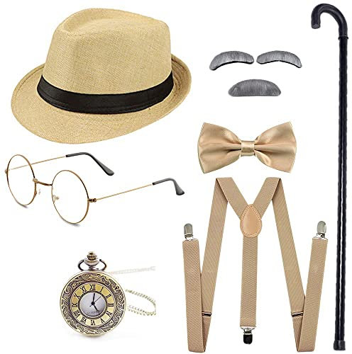 Gionforsy 20er Jahre Herren Kostüm Accessoires Set Gatsby 1920s Mafia Zubehör Set mit Hut Brille Hosenträger Fliege Taschenuhr Stock Bart für Great Gatsby Party Halloween Karneval Fasching (Beige)