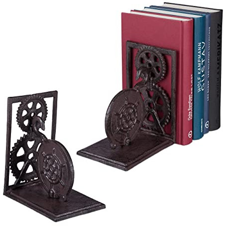 Serre-Livres, Lot de 2, Presse-Livres en Fonte, Range-Livres, décoration Vintage, Roue dentée, HxlxP: 16x13x10 cm, Brun