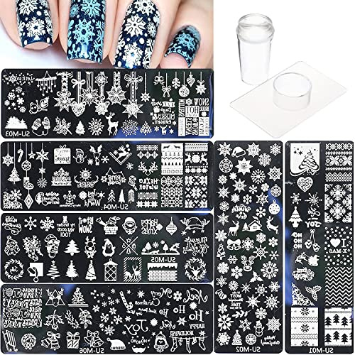 6Pcs Christmas Nail Stamp Template Kit 1 Silicone Stamper 1 Scraper Winter Snowflakes Nail Art Stamping Plates Xmas Snow Deer Bells Pine Tree Nail Stamping Image Stamp for Women Nail Art Supplies