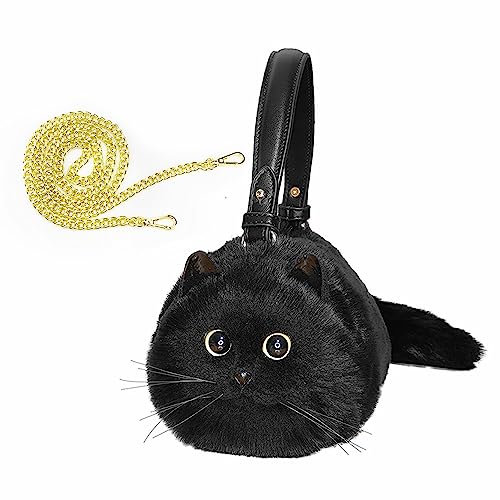 HUIJUFU Gatto Realistico Di Peluche A Forma Di Borsa A Tracolla Per Le Donna (Nero)