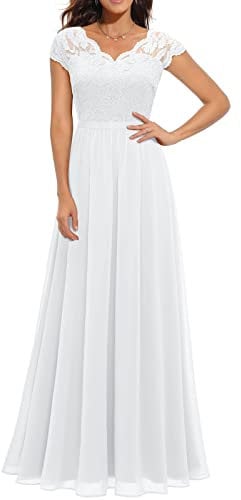 FeMereina Women's Formal V Neck Floral Lace Bridesmaid Maxi Dress Tulle Ball Gown Vintage Mesh Cocktail Party Prom Dress (White, X-Large)