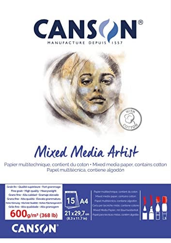 Canson Mix Media Artist, Blocco carta collato lato corto per tecniche miste, A4, 25 fogli, 600gm, grana fine