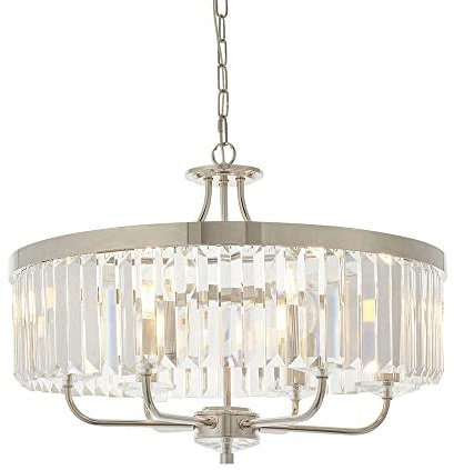 Bright Nickel Ceiling Chandelier Light - Clear Cut Glass 6 Bulb Pendant Fitting | Steel & Glass Construction - Bulb Not Included - Requires 6 X 6W LED E14-470 Lumens - Dimmable Lighting