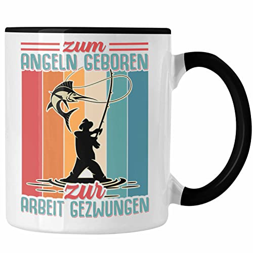 Trendation - Angler Fischer Tasse zum Angeln Geboren Geschenk Raubfische Hobbyangler Angeln Kaffeetasse Zubehör (Schwarz)