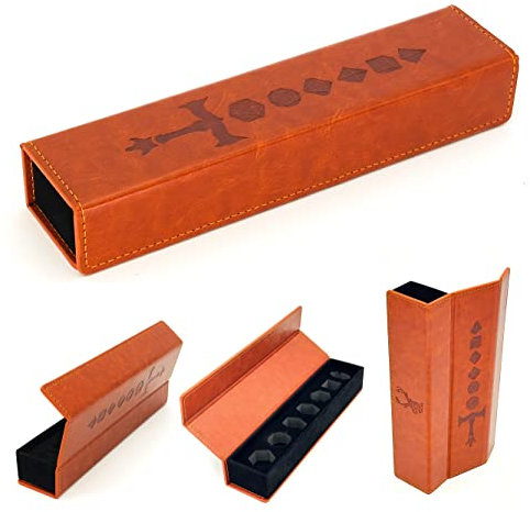 LORE - Custodia a forma di cubo in elegante pelle per tabletop giochi di ruolo come D&D, Cthulhu, DSA, ecc. per presentare e trasportare 7 dadi poliedrici, marrone, Design minimalista in ecopelle
