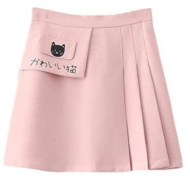 HIMI HIMIFASHION Teenager Mädchen Sommer Mini Rock Niedlich Katzendruck Hohe Taille Plissee Röcke Sweet Casual A-Linie Kurzer Rock, rose, 44