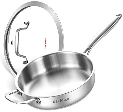 DELARLO Tri-Ply Stainless Steel 10 Inch Frying Pan & 3 Quart Sauté Pan, Induction Compatible Chef Cooking Skillets with Lid, Dishwasher & Oven Safe, Silver