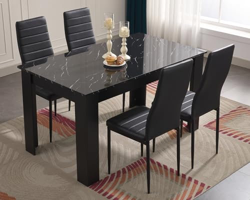 Blisswood Dining Table Set, Dining Table And Chair Set, Pu Leather Dining Room Chairs and 17mm Thick Table Top Long Modern Dining Table Set (Black Marble Dining Table And 4 Black Chair)
