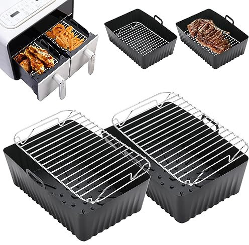 Lifemaison Silicone Air Fryer Liner,4 PCS Air Fryer Accessories for Tower Vortx T17100 Vizion Dual Basket,Air Fryer Racks,Reusable Air Fryer Food Safe Dual Basket,Silicone Pot for Oven,Microwave,Black